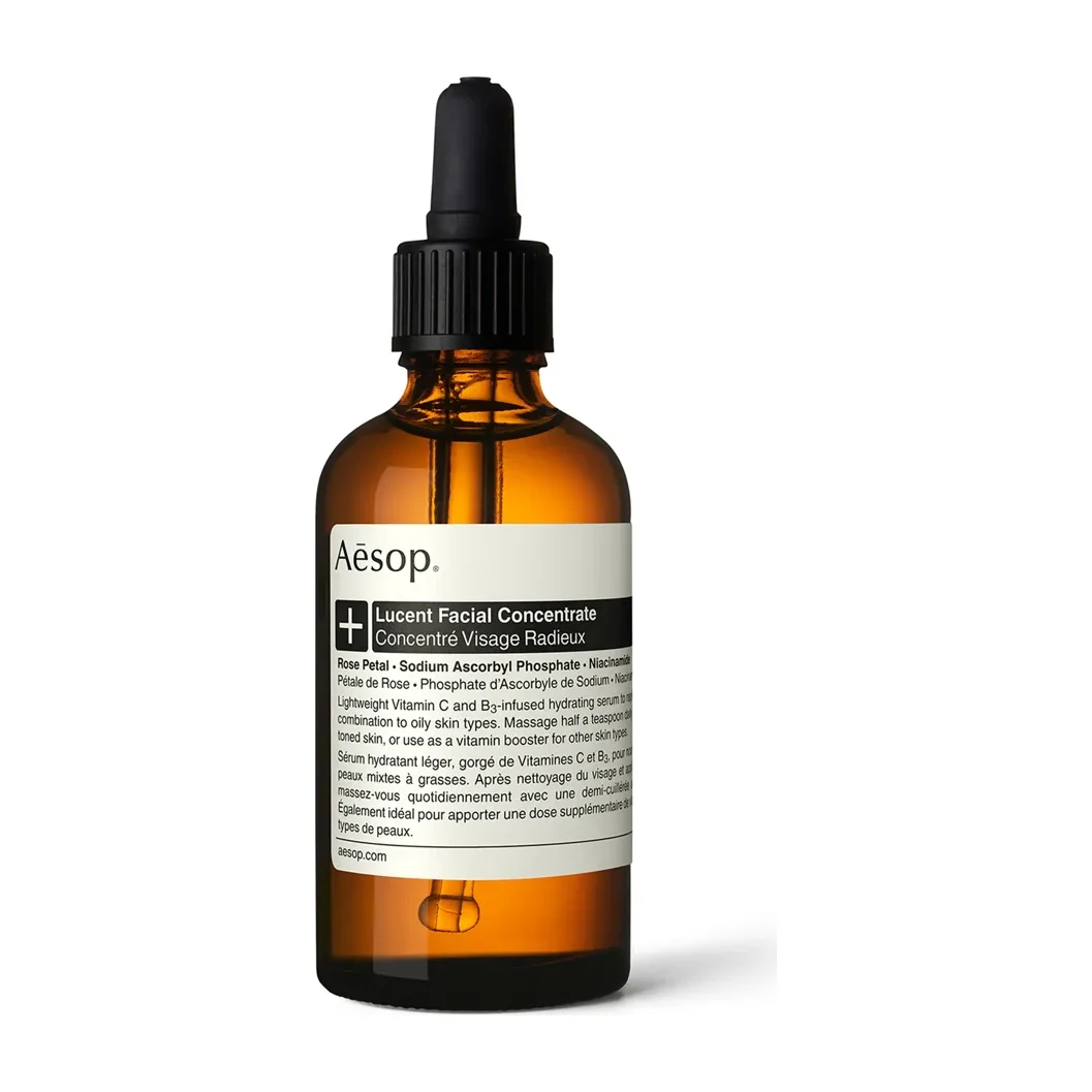 Aesop Lucent Facial Concentrate amber glass bottle with dropper, 60 ml vitamin C and niacinamide serum