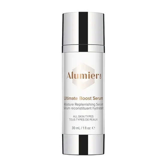AlumierMD Ultimate Boost Serum pump bottle, lightweight professional hydrating and soothing serum with peptides, niacinamide, hyaluronic acid, and calming botanicals
