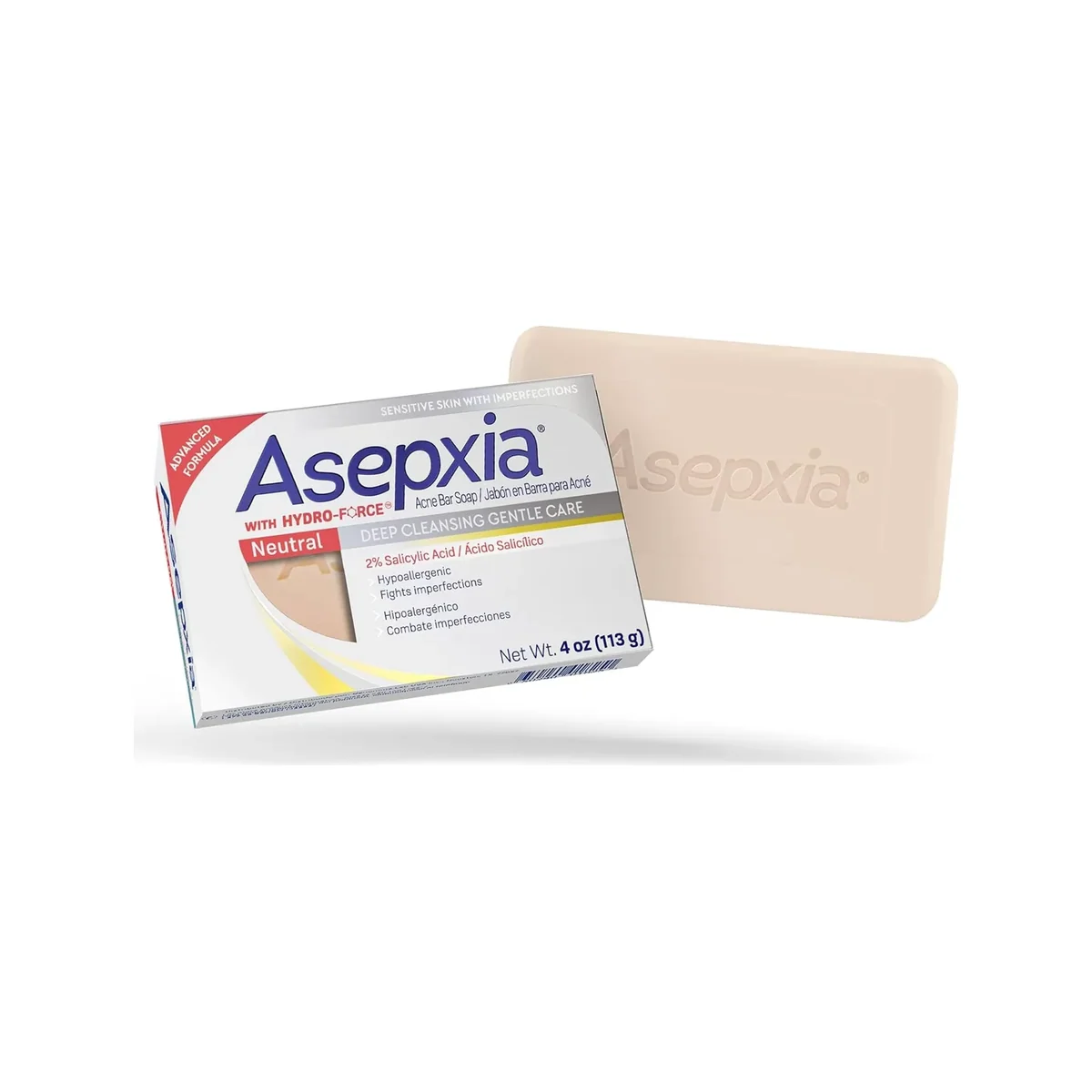 Asepxia Neutral Deep Cleansing Bar Soap, a fragrance-free 2% salicylic acid bar