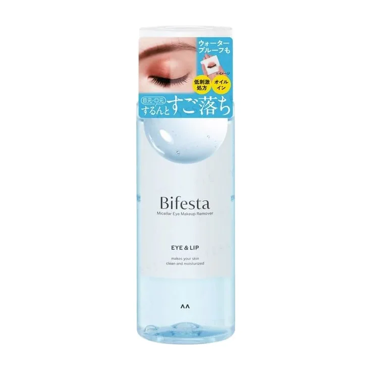 Bifesta Eye Makeup Remover bottle, a fragrance-free bi-phase Japanese remover for waterproof mascara with panthenol and vitamin E
