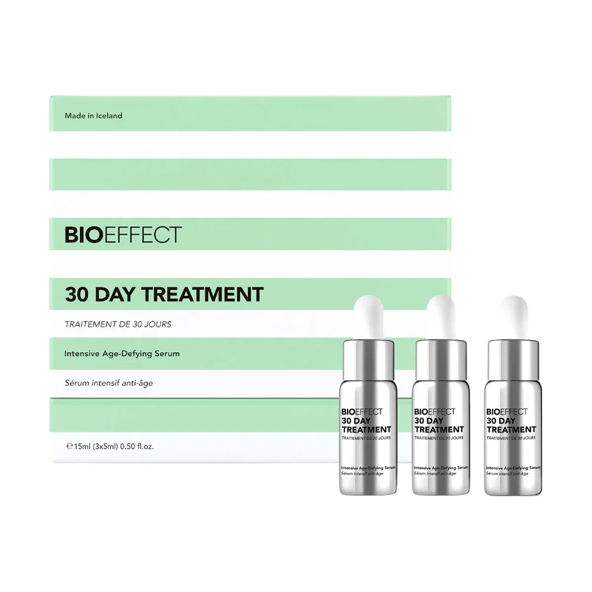 Bioeffect 30 Day Treatment set, three minimalist fragrance-free bottles with barley-derived EGF, KGF and IL-1a growth factors and hyaluronic acid