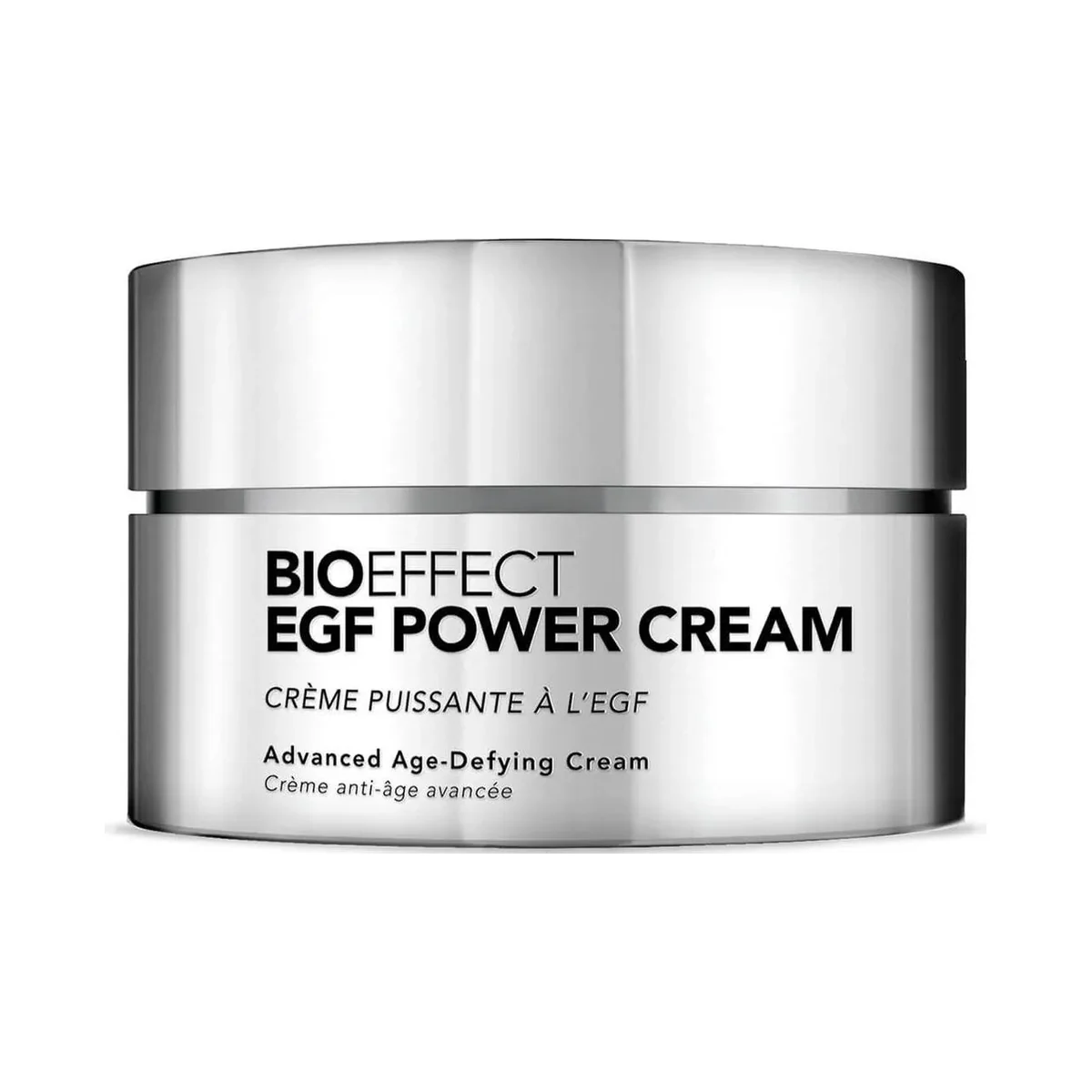 Bioeffect EGF Power Cream jar, a fragrance-free anti-aging cream with barley-derived EGF, niacinamide, beta-glucan, shea butter and squalane