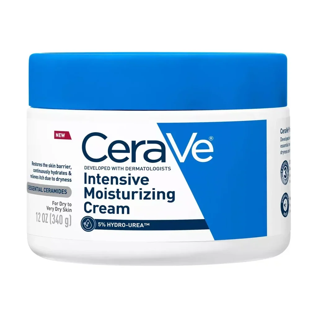 CeraVe Intensive Moisturizing Cream in a white jar with blue and green CeraVe branding