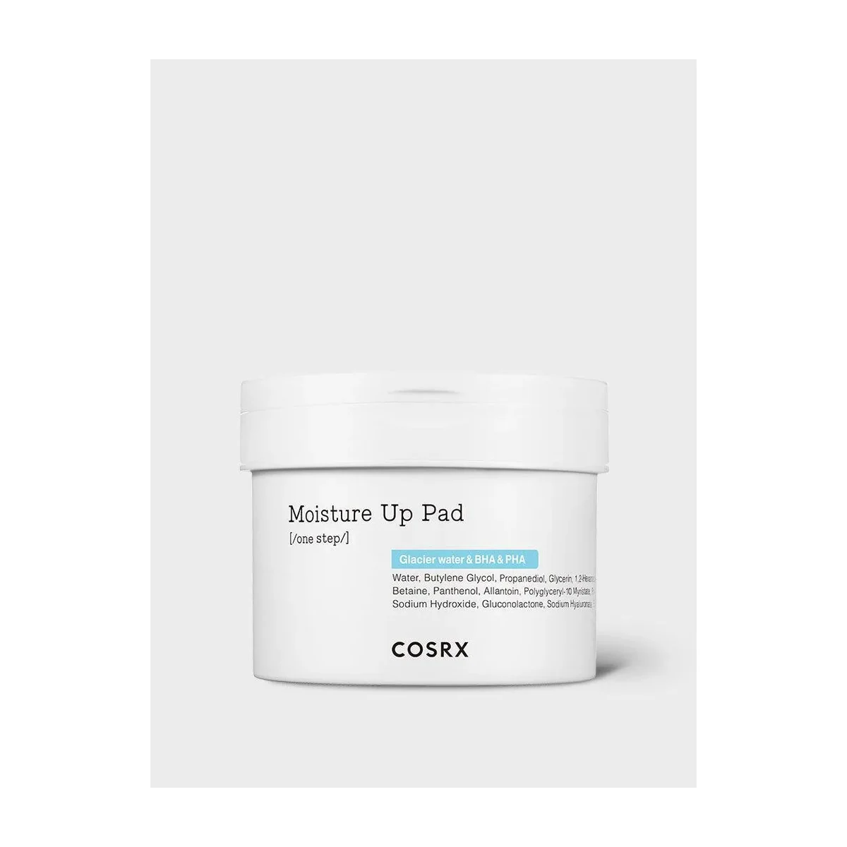 COSRX One Step Moisture Up Pad blue tub containing 70 dual-sided hydrating toner pads