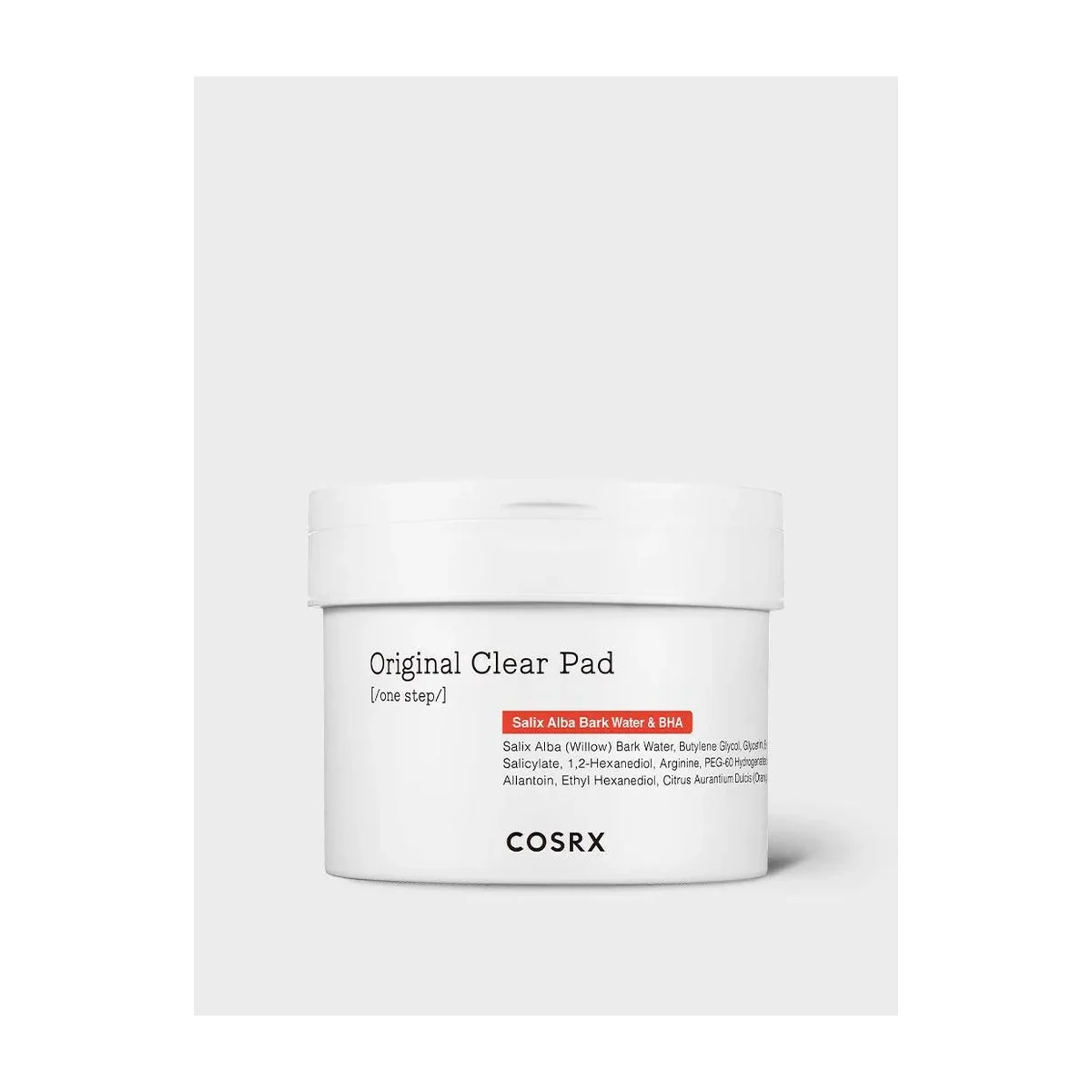 COSRX One Step Original Clear Pad tub containing 70 dual-sided BHA exfoliating toner pads