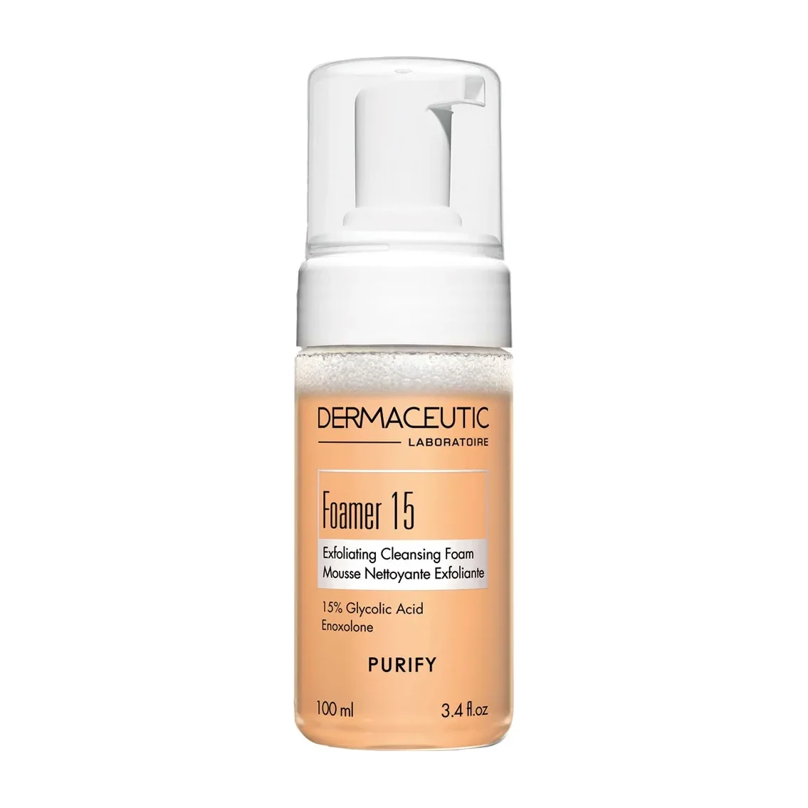 Dermaceutic Foamer 15 pump bottle, a high-strength 15% glycolic acid exfoliating cleansing foam with mild surfactants and soothing licorice