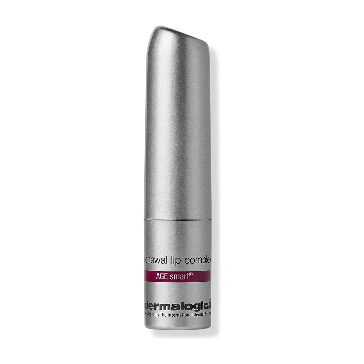 Dermalogica AGE Smart Renewal Lip Complex slim silver twist-up lip stick with angled cap on white