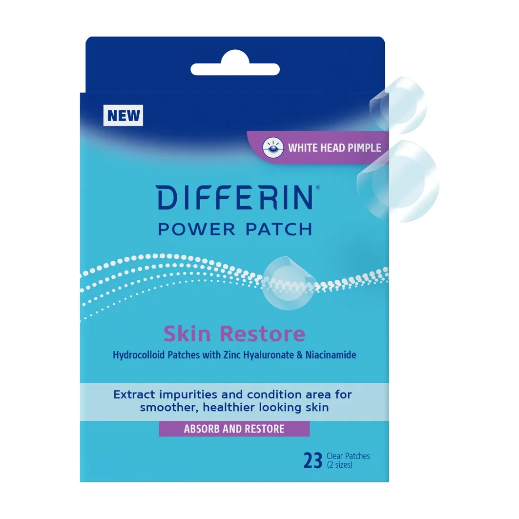 Differin Power Patch Skin Restore hydrocolloid acne patches carton on white background