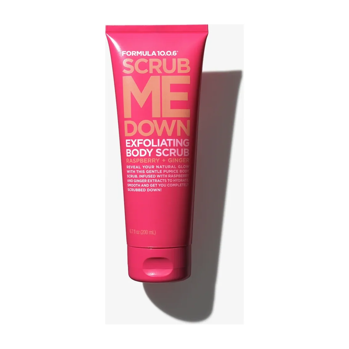 Formula 10.0.6 Scrub Me Down raspberry and ginger exfoliating body scrub pink tube on white background