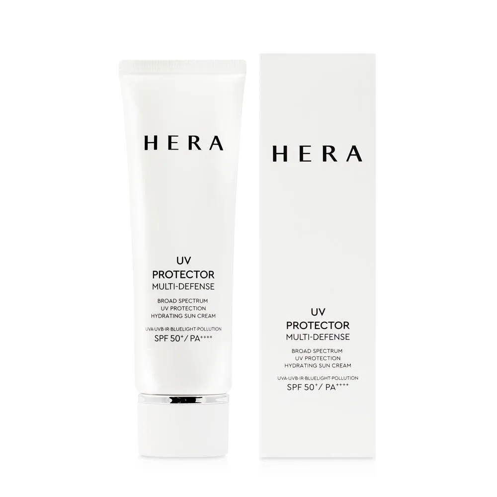 Hera UV Protector Multi-Defense SPF50+ tube, a Korean hybrid sunscreen with modern UVA filters and niacinamide