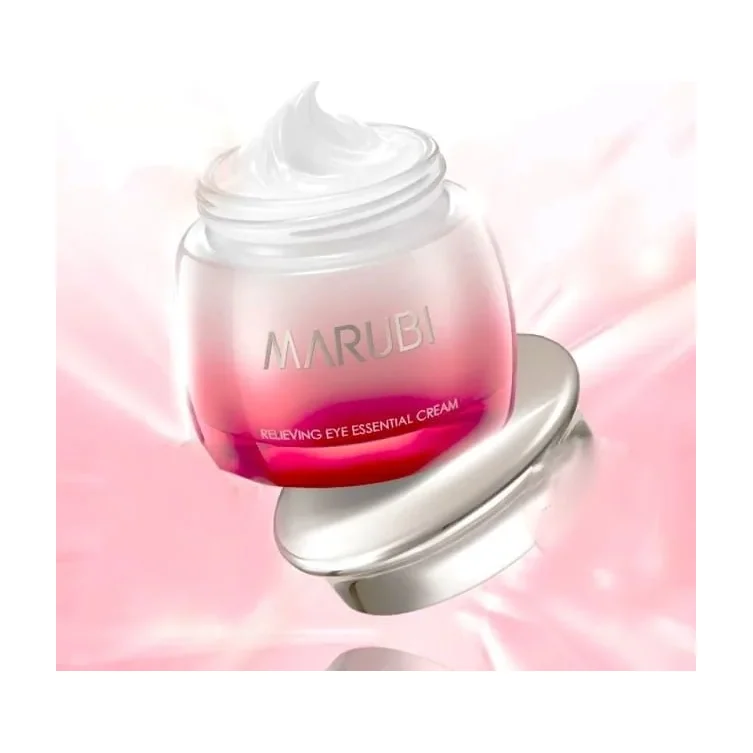 Marubi Relieving Eye Essential Cream tube, a gentle soothing and de-puffing eye cream with centella, caffeine, peptides, and hyaluronic acid