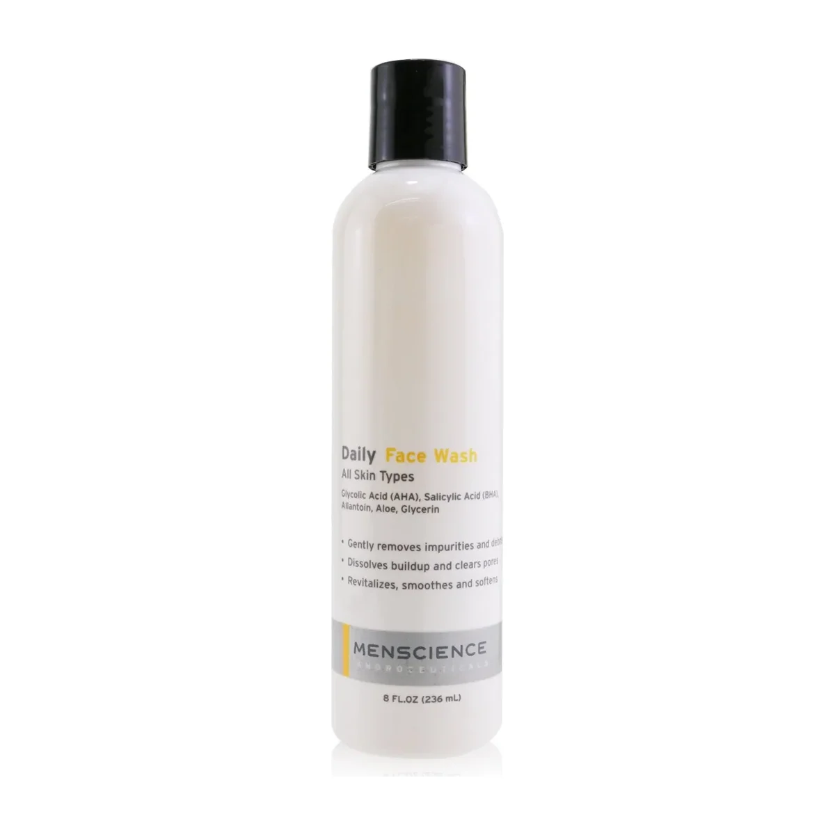 MenScience Daily Face Wash bottle, men's exfoliating cleanser with 3% glycolic acid, 1% salicylic acid, aloe, and allantoin