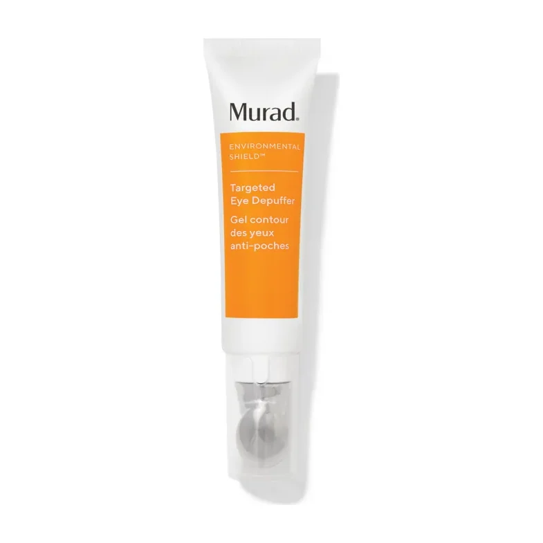 Murad Targeted Eye Depuffer white 15 ml tube with orange Environmental Shield panel and metal cooling applicator tip on white