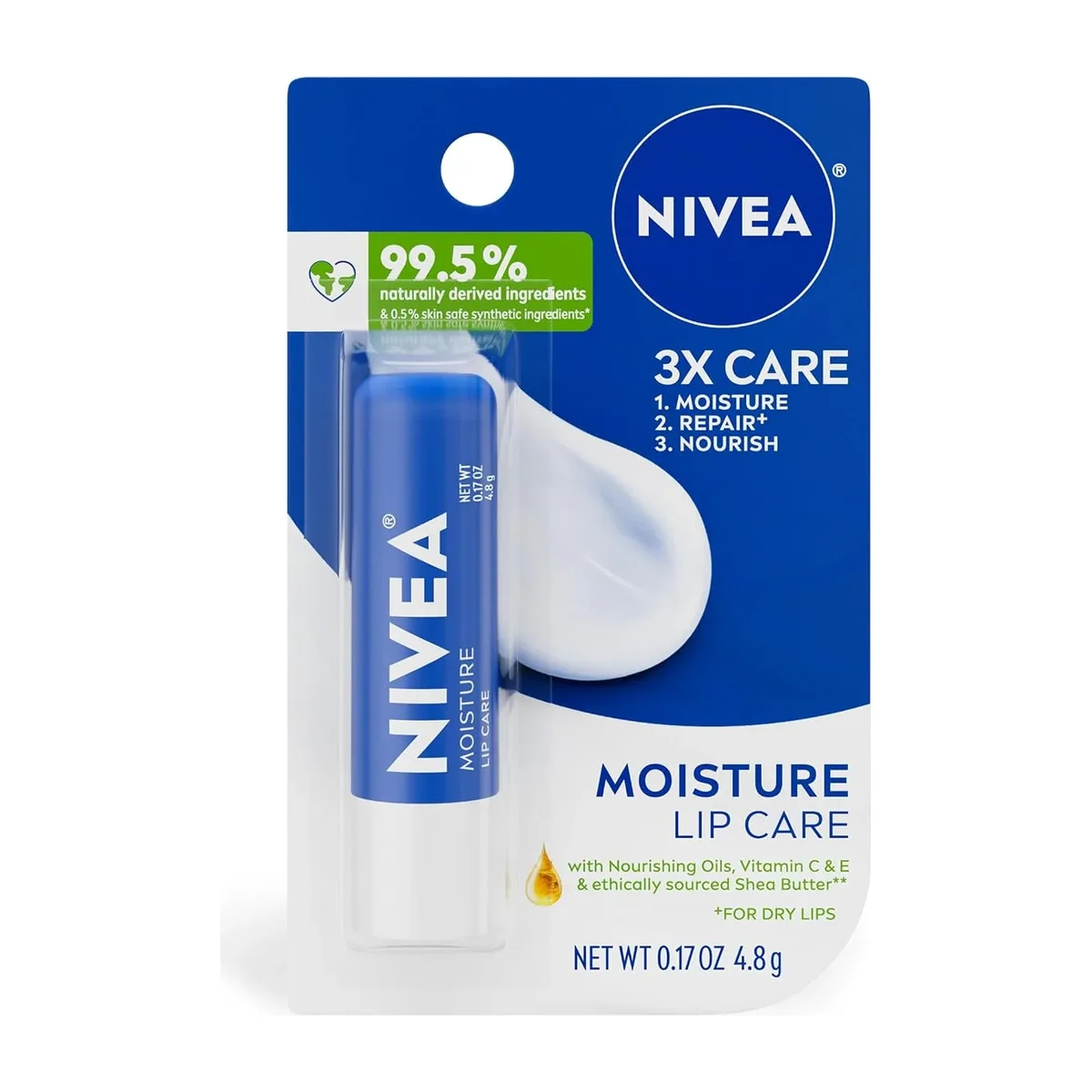 Nivea Moisture Lip Care lip balm stick on white background