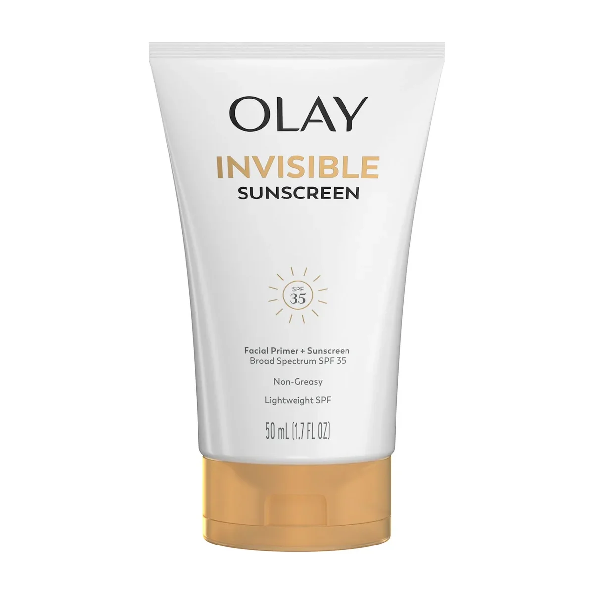 Olay Invisible Sunscreen SPF 35 tube on white background