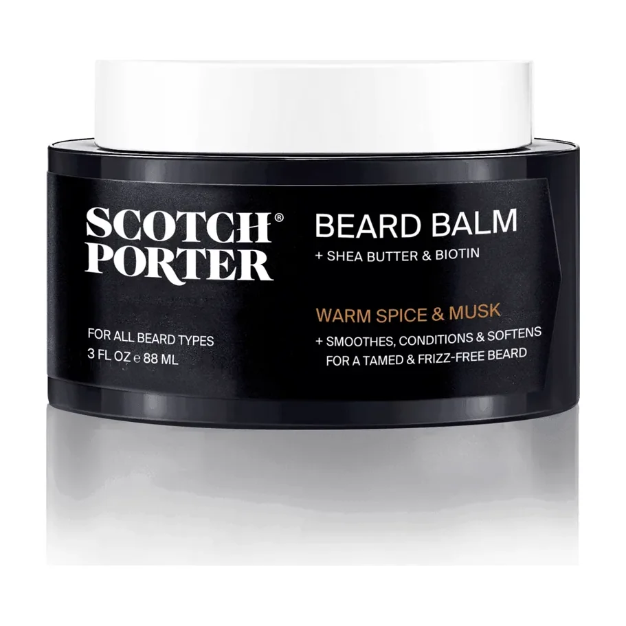 Scotch Porter Conditioning Beard Balm jar, naturally-derived beard balm with shea butter, conditioning oils, and biotin for softening coarse facial hair