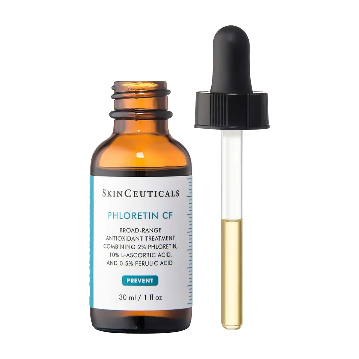 SkinCeuticals Phloretin CF antioxidant serum bottle on neutral background
