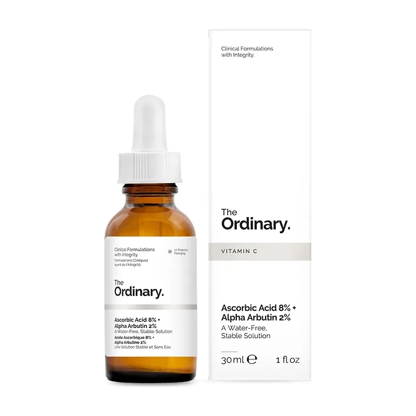 The Ordinary Ascorbic Acid 8% + Alpha Arbutin 2% serum in amber glass dropper bottle